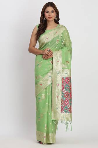 Light green linen saree with multicolor weaving and zari pallu