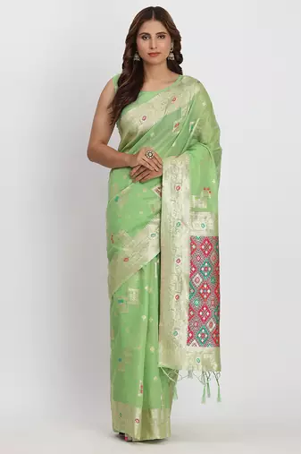 Light green linen saree with multicolor weaving and zari pallu