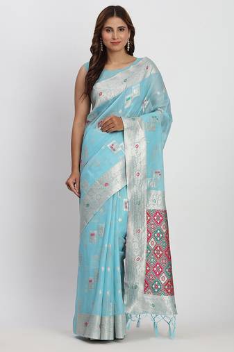 Sky blue linen saree with multicolor weaving and zari pallu