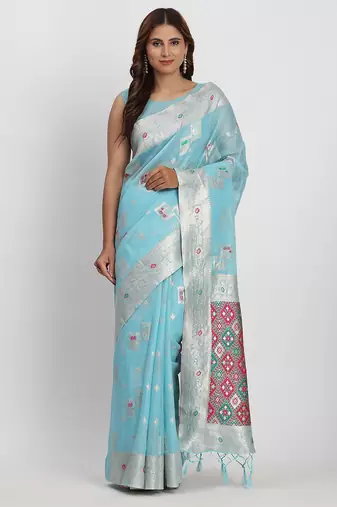 Sky blue linen saree with multicolor weaving and zari pallu