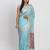 Sky blue linen saree with multicolor weaving and zari pallu