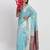 Sky blue linen saree with multicolor weaving and zari pallu