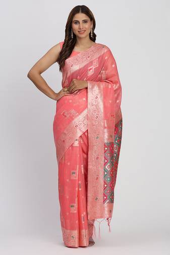Peach linen saree with multicolor weaving and zari pallu