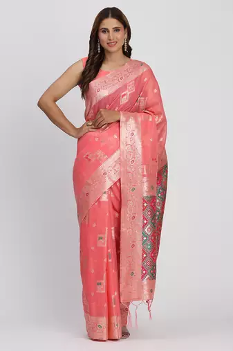 Peach linen saree with multicolor weaving and zari pallu