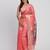 Peach linen saree with multicolor weaving and zari pallu