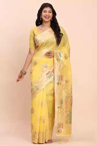 Yellow linen saree with multicolor weaving and zari pallu