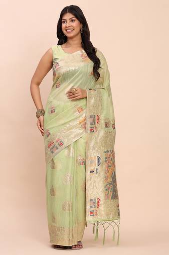Light green linen saree with multicolor weaving and zari pallu