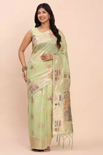 Light green linen saree with multicolor weaving and zari pallu