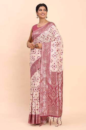 cream linen cotton saree with purple pallu and contrast blouse piece