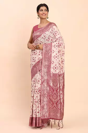 cream linen cotton saree with purple pallu and contrast blouse piece
