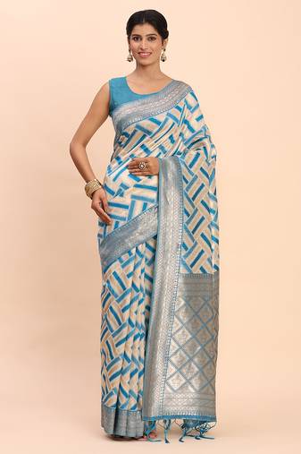 cream linen cotton saree with sky blue pallu and contrast blouse piece
