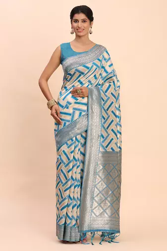 cream linen cotton saree with sky blue pallu and contrast blouse piece