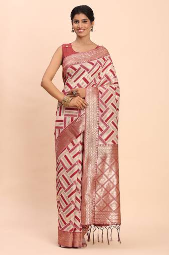 cream linen cotton saree with maroon pallu and contrast blouse piece