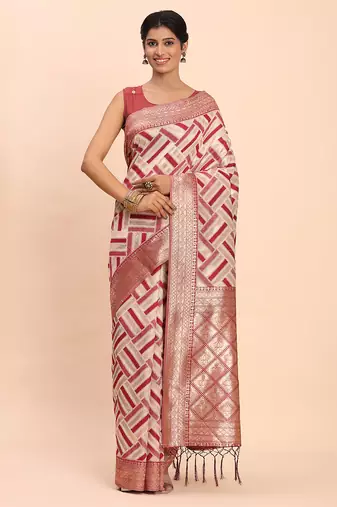 cream linen cotton saree with maroon pallu and contrast blouse piece