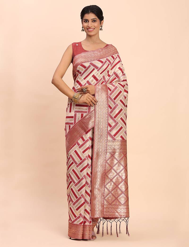 cream linen cotton saree with maroon pallu and contrast blouse piece