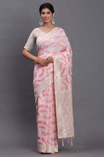 cream linen cotton saree with light pink pallu and contrast blouse piece