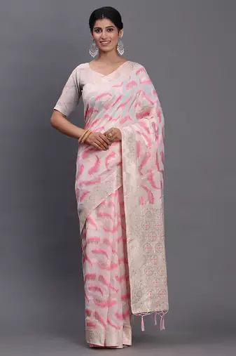cream linen cotton saree with light pink pallu and contrast blouse piece