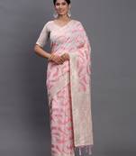 cream linen cotton saree with light pink pallu and contrast blouse piece