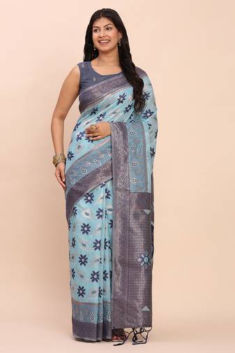 blue linen cotton patola saree with blouse piece