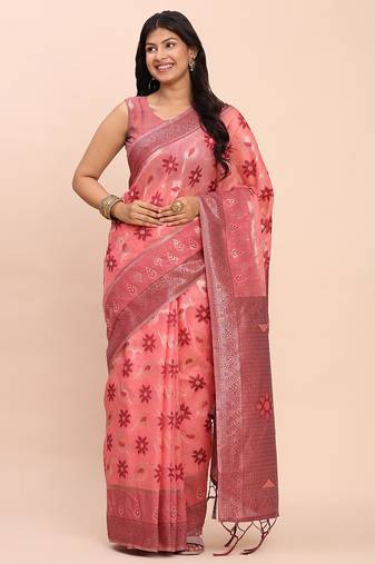 peach linen cotton patola saree with blouse piece