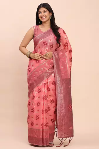 peach linen cotton patola saree with blouse piece