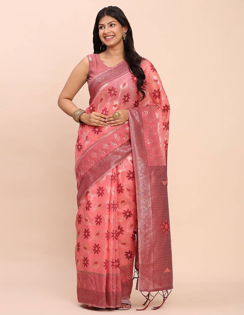 peach linen cotton patola saree with blouse piece