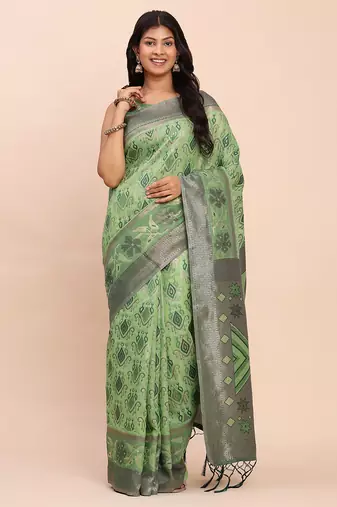 light green linen cotton patola saree with blouse piece