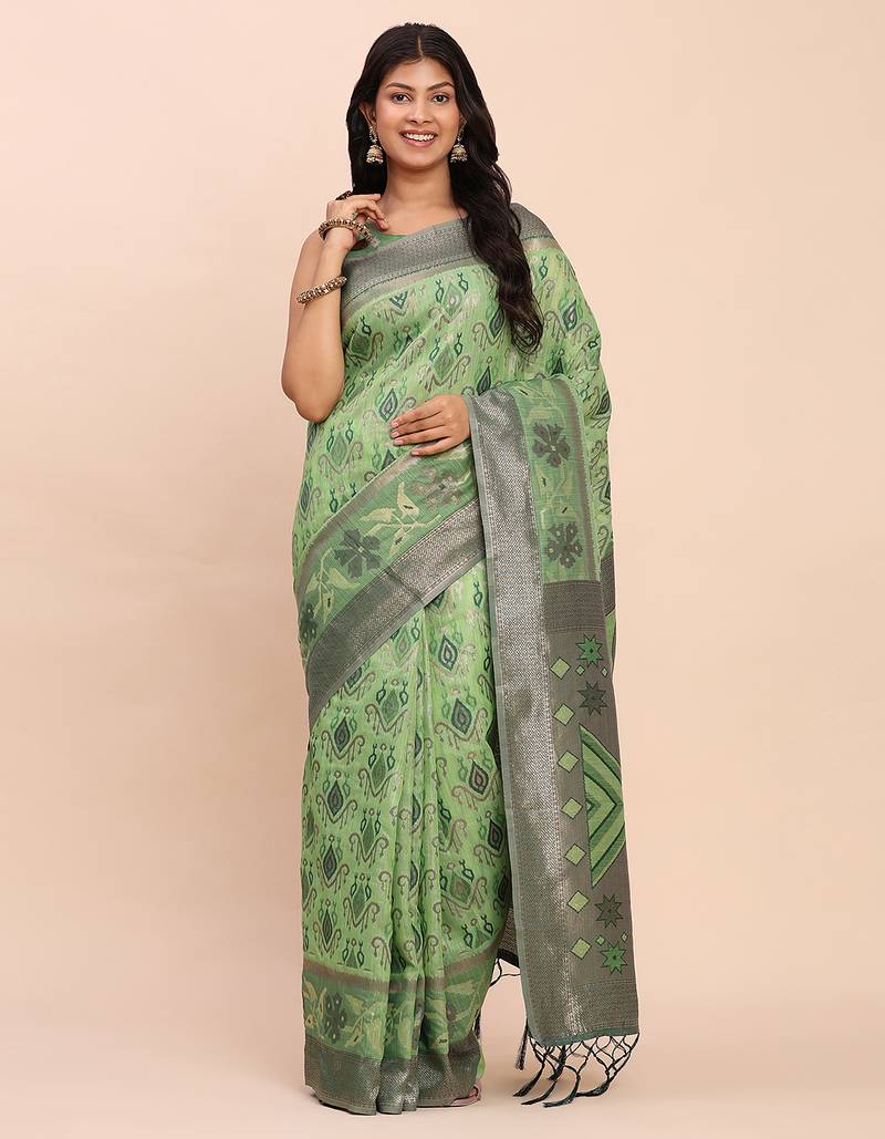 light green linen cotton patola saree with blouse piece