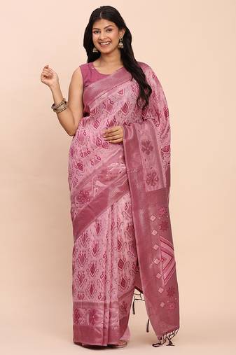 pink linen cotton patola saree with blouse piece