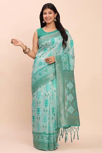 sea green linen cotton patola saree with blouse piece