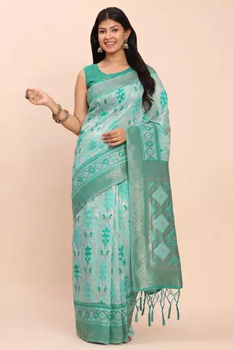 sea green linen cotton patola saree with blouse piece
