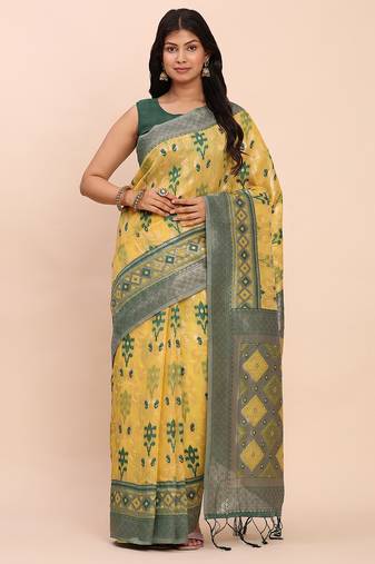 yellow linen cotton patola saree with blouse piece