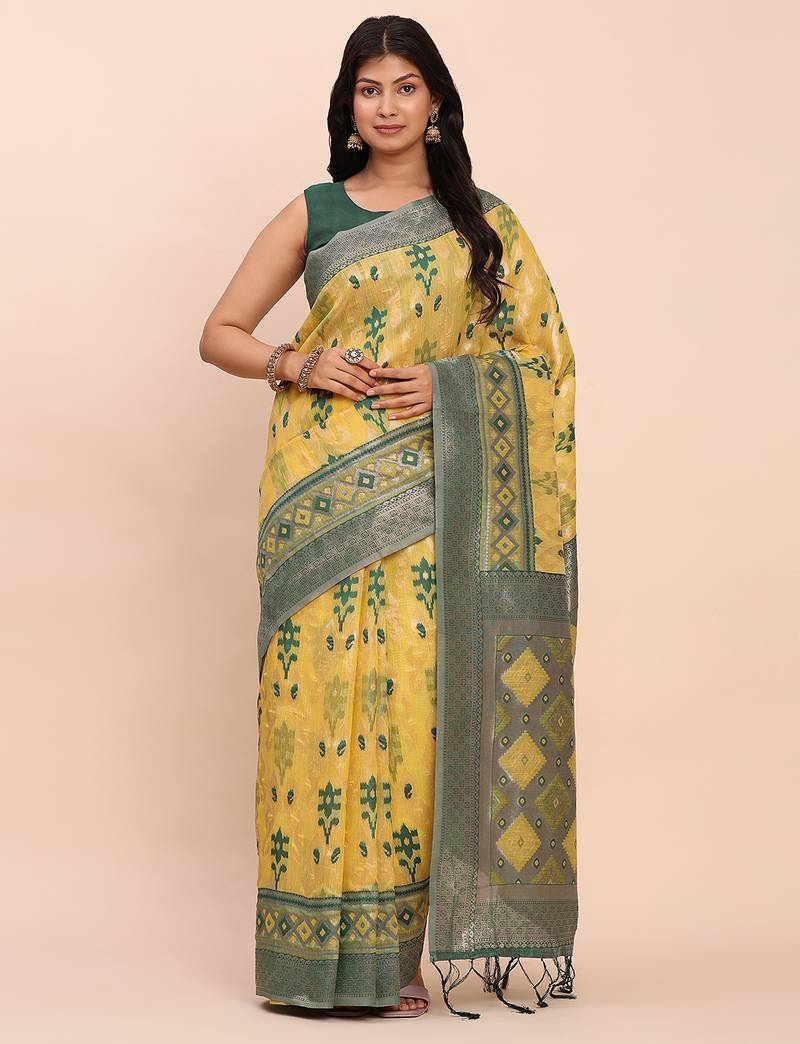 yellow linen cotton patola saree with blouse piece