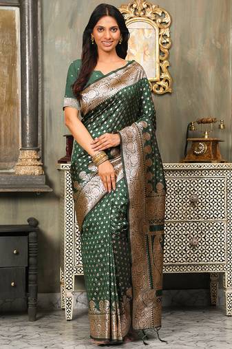 dark green pure kanjivaram silk blend saree 