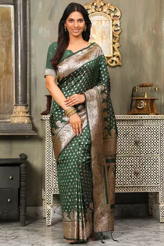 dark green pure kanjivaram silk blend saree 