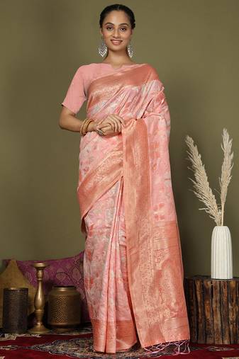 peach cotton saree with golden zari work