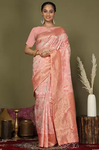 peach cotton saree with golden zari work