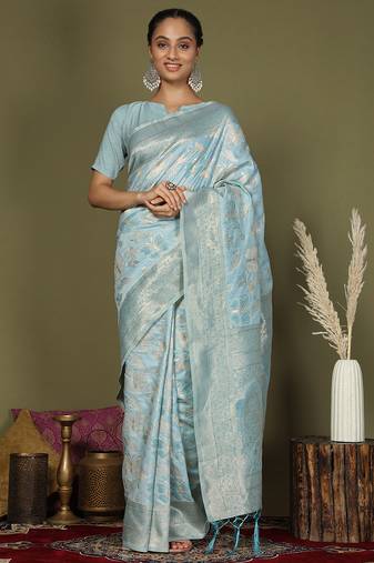 sky blue cotton saree with golden zari work