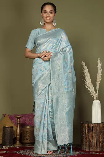 sky blue cotton saree with golden zari work