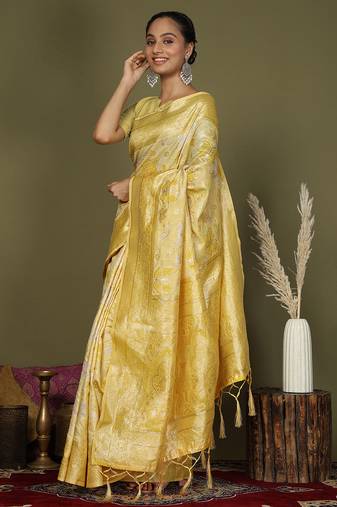 yellow cotton saree with golden zari work