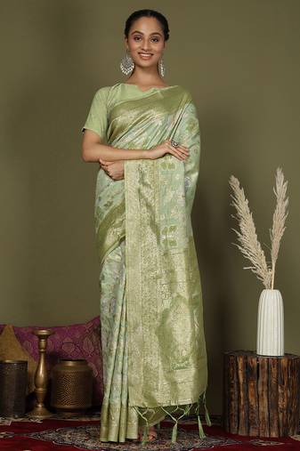 light green cotton saree with golden zari work