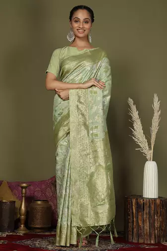 light green cotton saree with golden zari work