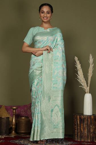 sea green cotton saree with golden zari work