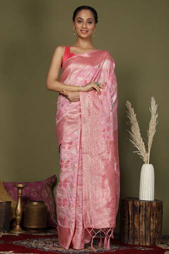 pink cotton saree with golden zari work