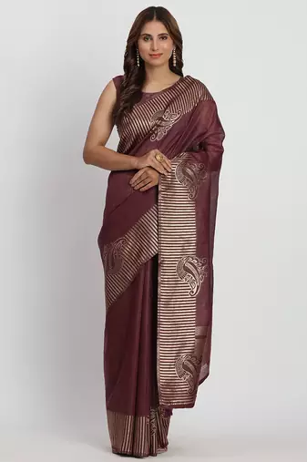 purple linen cotton saree with rich golden zari motifs