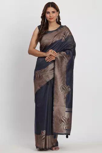 navy blue linen cotton saree with rich golden zari motifs