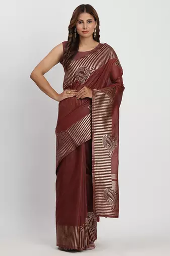 maroon linen cotton saree with rich golden zari motifs