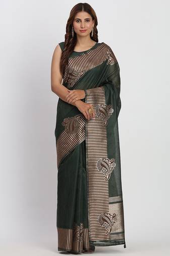 dark green linen cotton saree with rich golden zari motifs