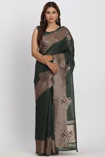 dark green linen cotton saree with rich golden zari motifs
