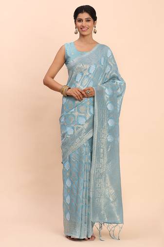 Sky blue linen cotton saree with silver zari weave and tassels